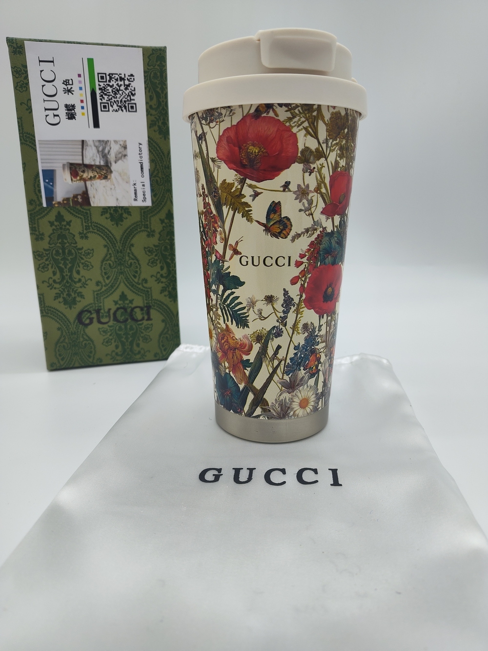 GUCCI Tumbler Asia Exclusive Floral Travel Tumbler Cup Gift Set Box Dust Bag NWT - Picture 10 of 11